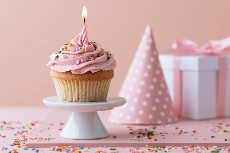 Birthday cupcake with pink frosting and lit candle on a stand, surrounded by sprinkles, party hat and gift box
