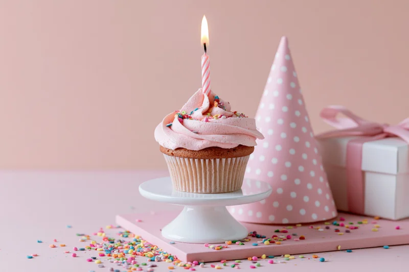 Birthday cupcake with pink frosting and lit candle on white stand beside party hat and gift box