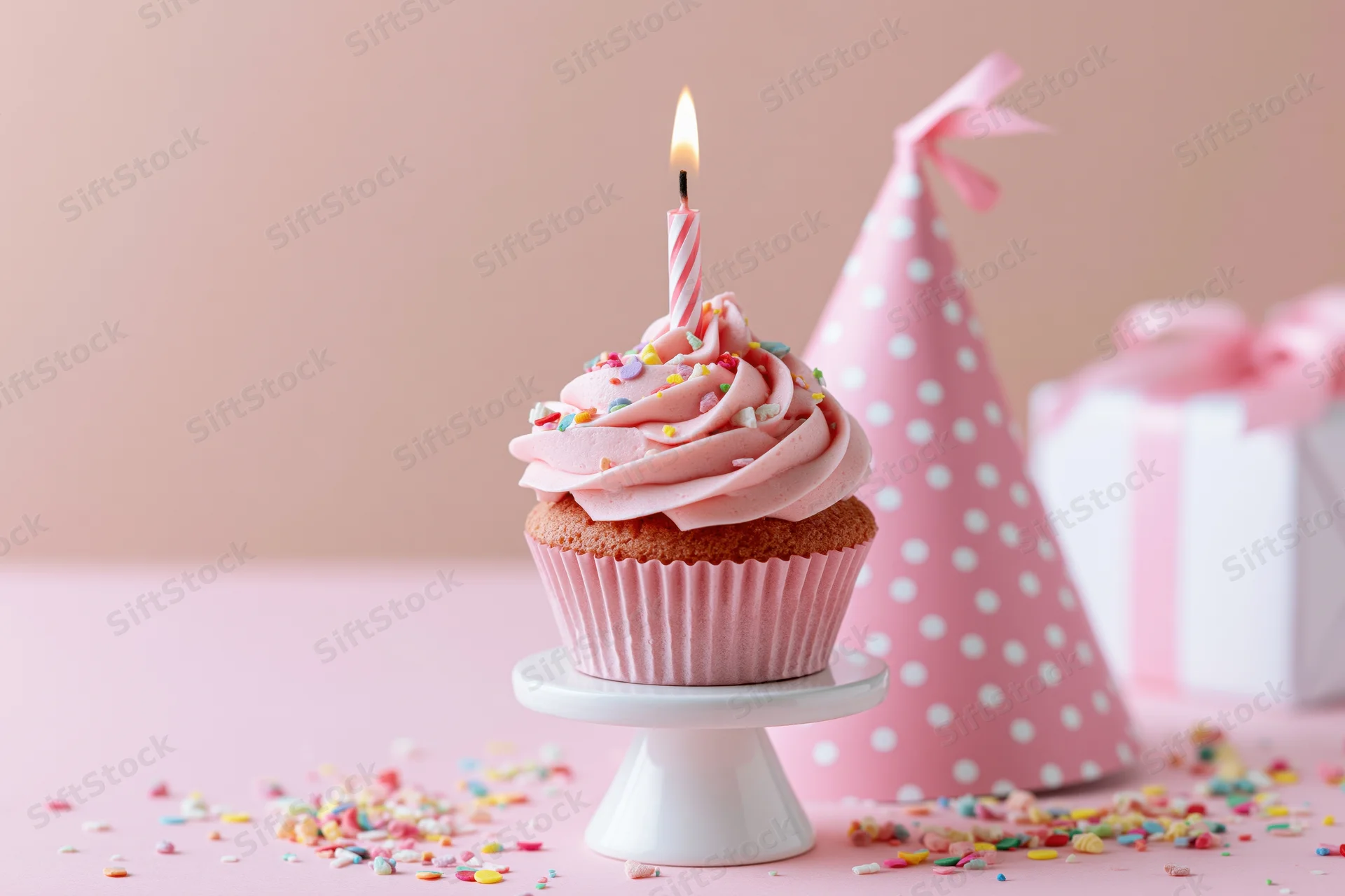 Pink frosted cupcake with lit candle and sprinkles on a stand beside a party hat and gift box