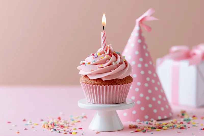 Pink frosted cupcake with lit candle and sprinkles on a stand beside a party hat and gift box