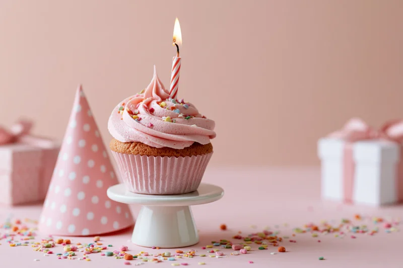 Birthday cupcake with pink frosting and lit candle on a stand surrounded by party hat and gifts