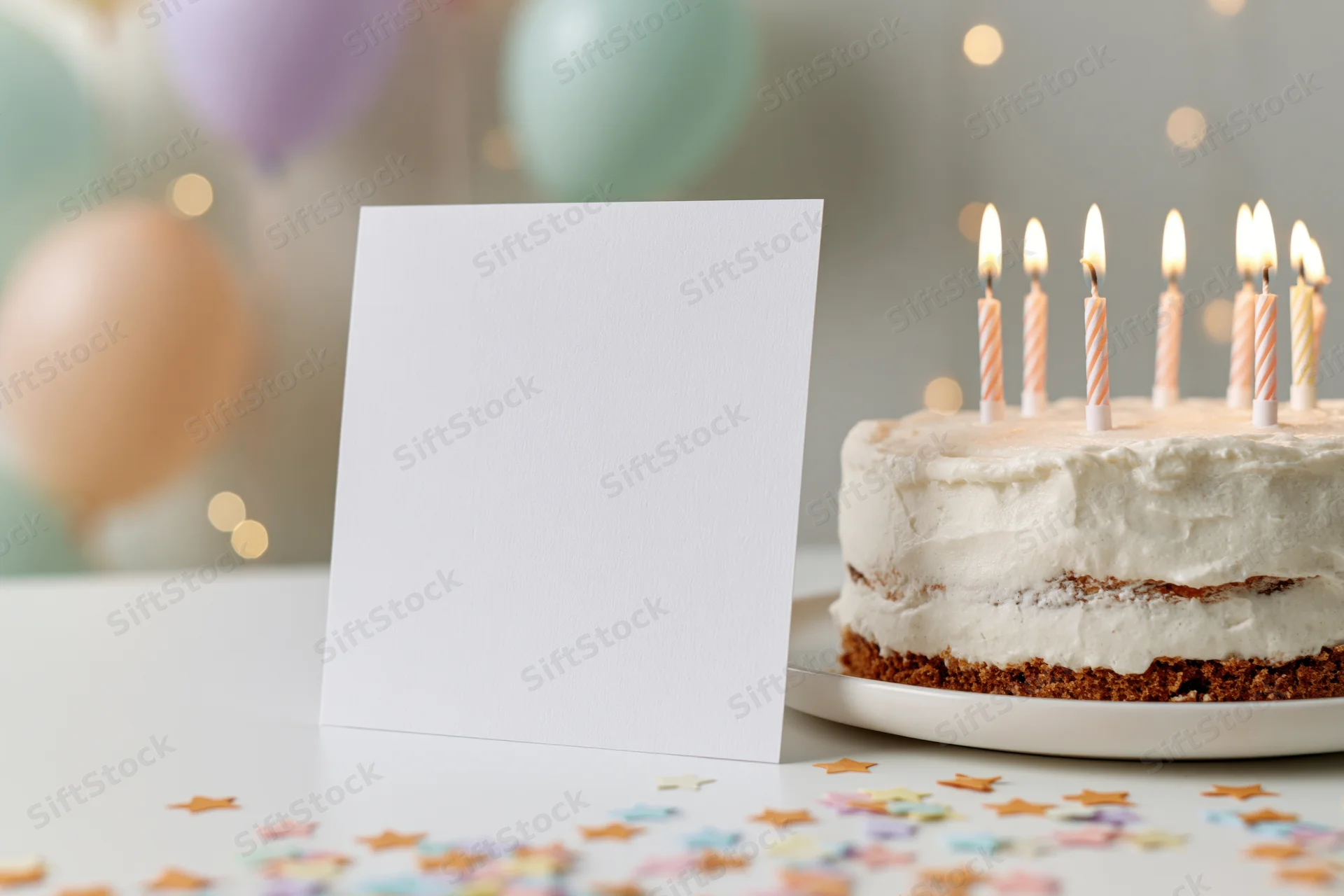 Blank white greeting card standing beside a birthday cake with lit candles on a table with confetti and balloons in the background