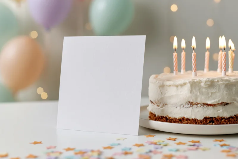 Blank white greeting card standing beside a birthday cake with lit candles on a table with confetti and balloons in the background