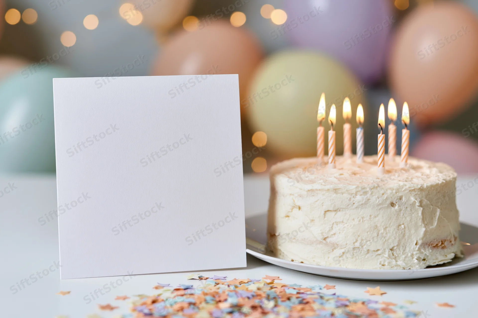 Blank white greeting card standing beside a birthday cake with lit candles on a decorated table