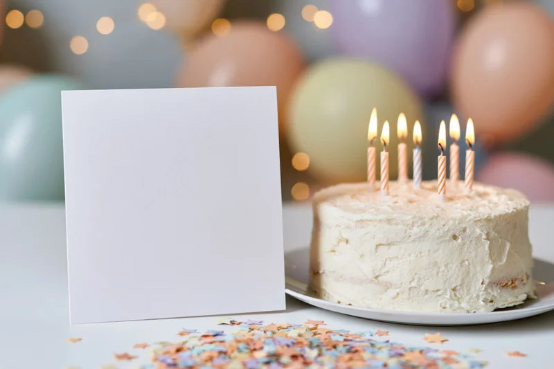 Blank white greeting card standing beside a birthday cake with lit candles on a decorated table