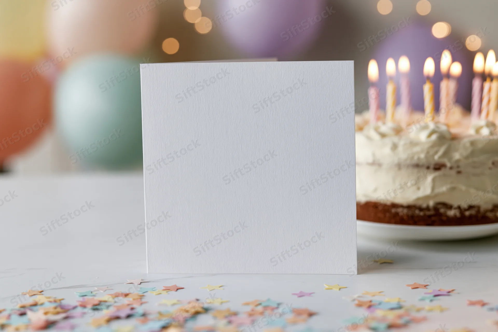 Blank white greeting card standing upright on a table with birthday cake and candles in background