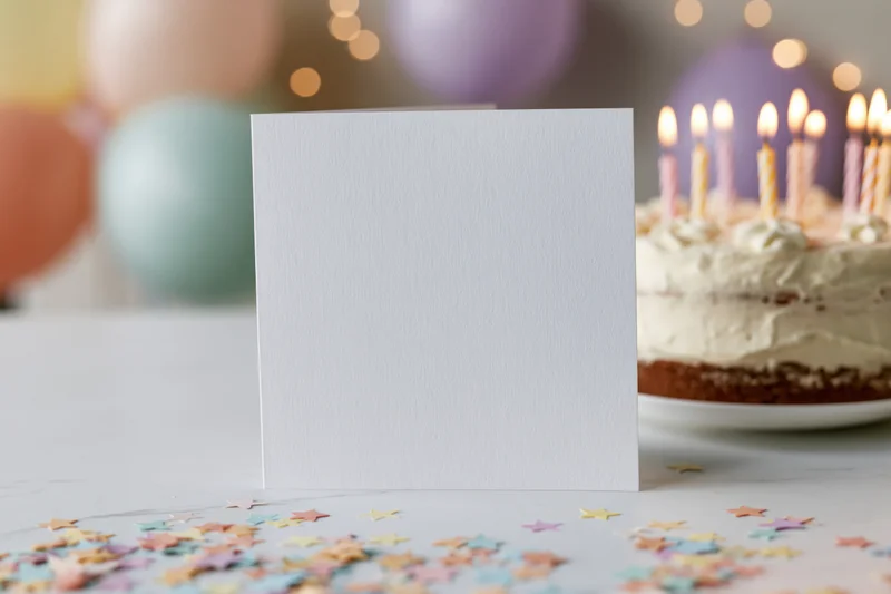 Blank white greeting card standing upright on a table with birthday cake and candles in background