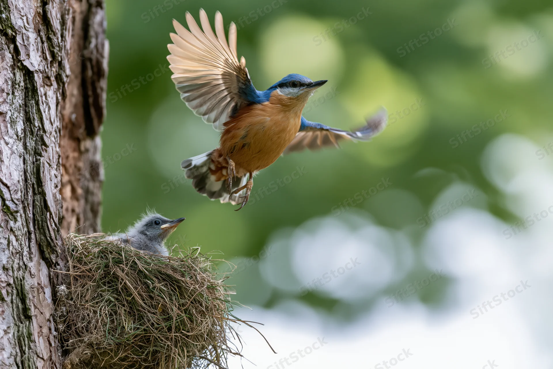 Adult nuthatch in mid-flight approaching nest with chick inside tree cavity
