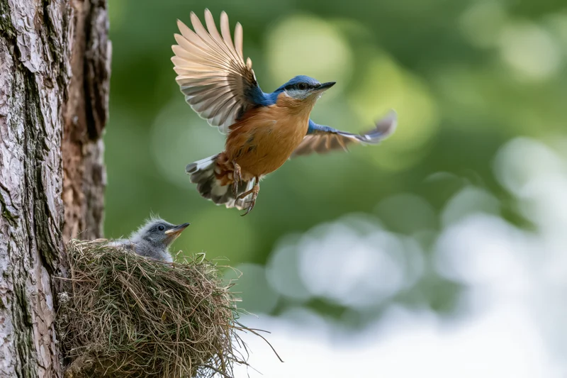 Adult nuthatch in mid-flight approaching nest with chick inside tree cavity