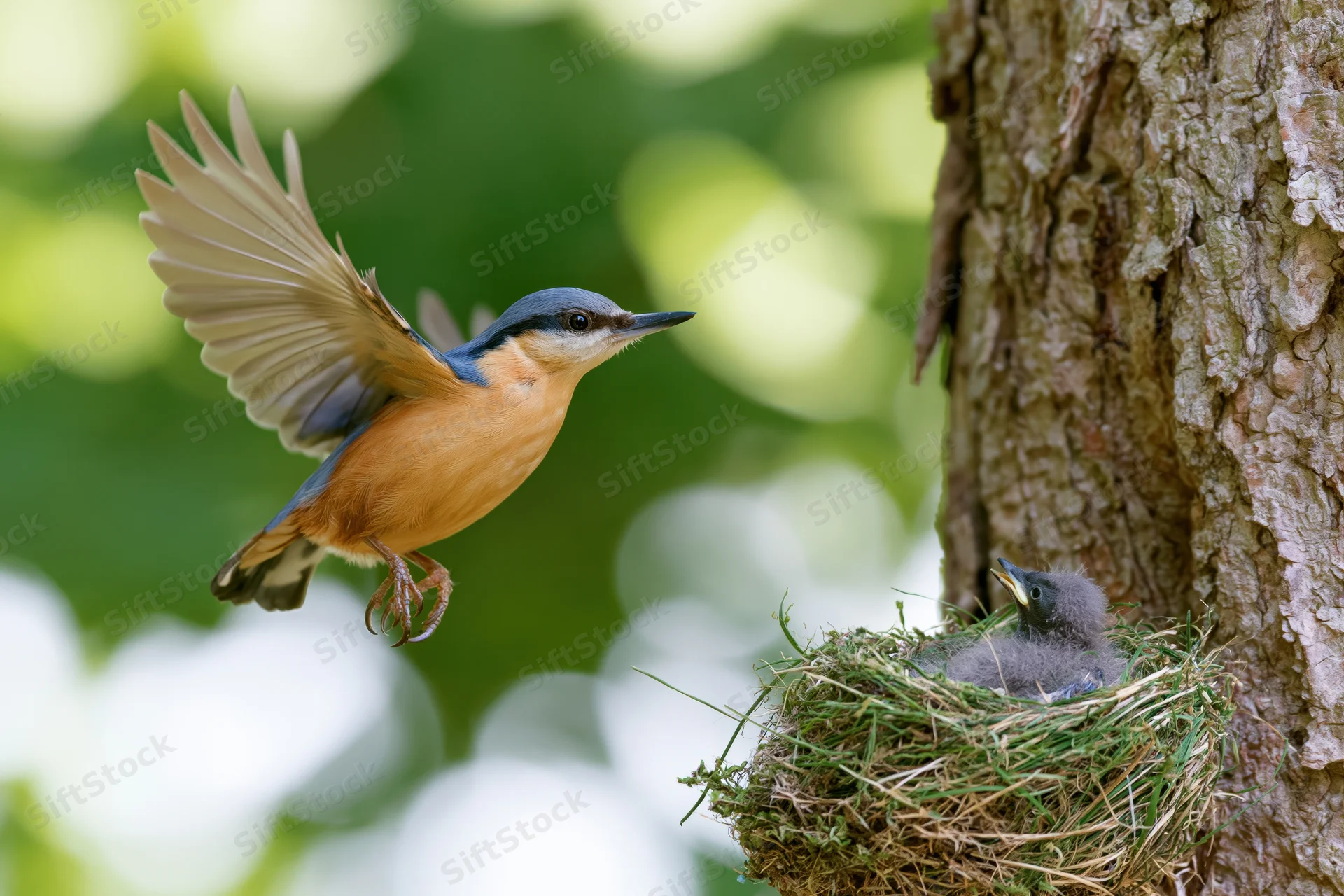 Nuthatch in midflight approaching nest with chick in tree