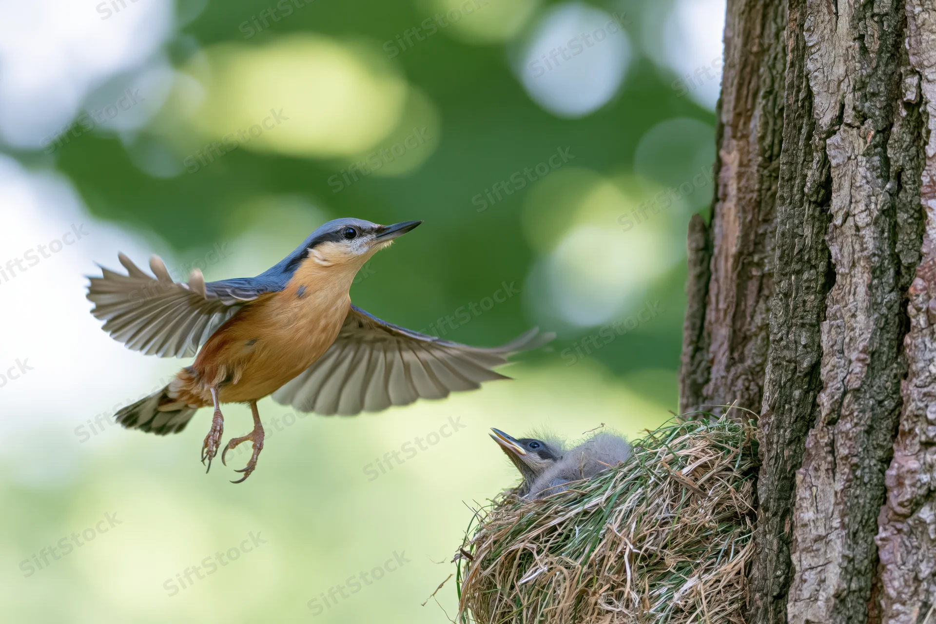 Nuthatch in mid-flight approaching nest with chick in tree