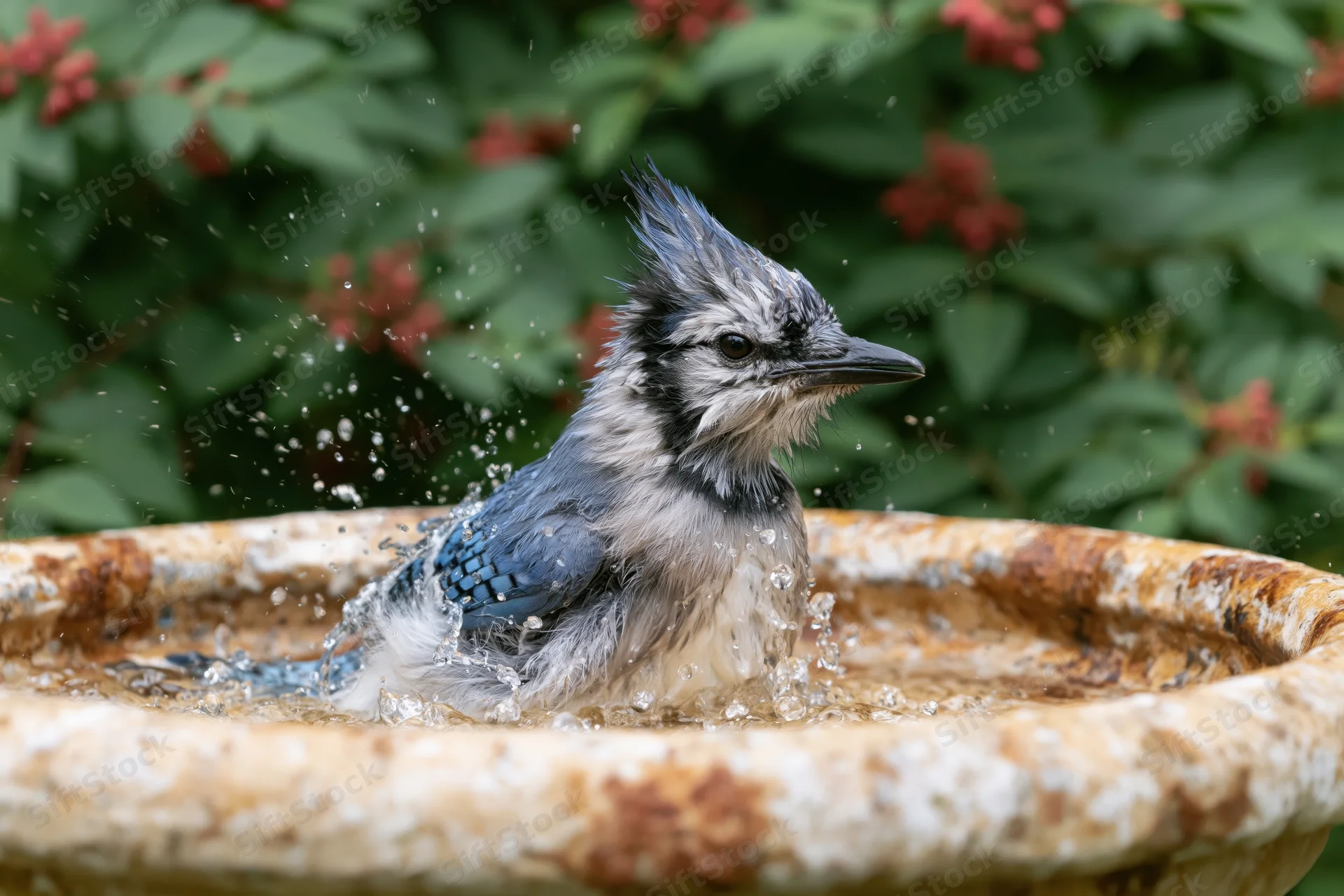 Blue jay splashing in a weathered ceramic birdbath surrounded by green foliage and red flowers
