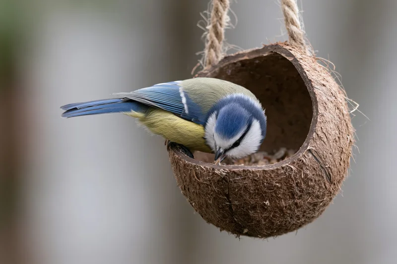 Blue tit perched on edge of halved coconut shell bird feeder eating seeds outdoors