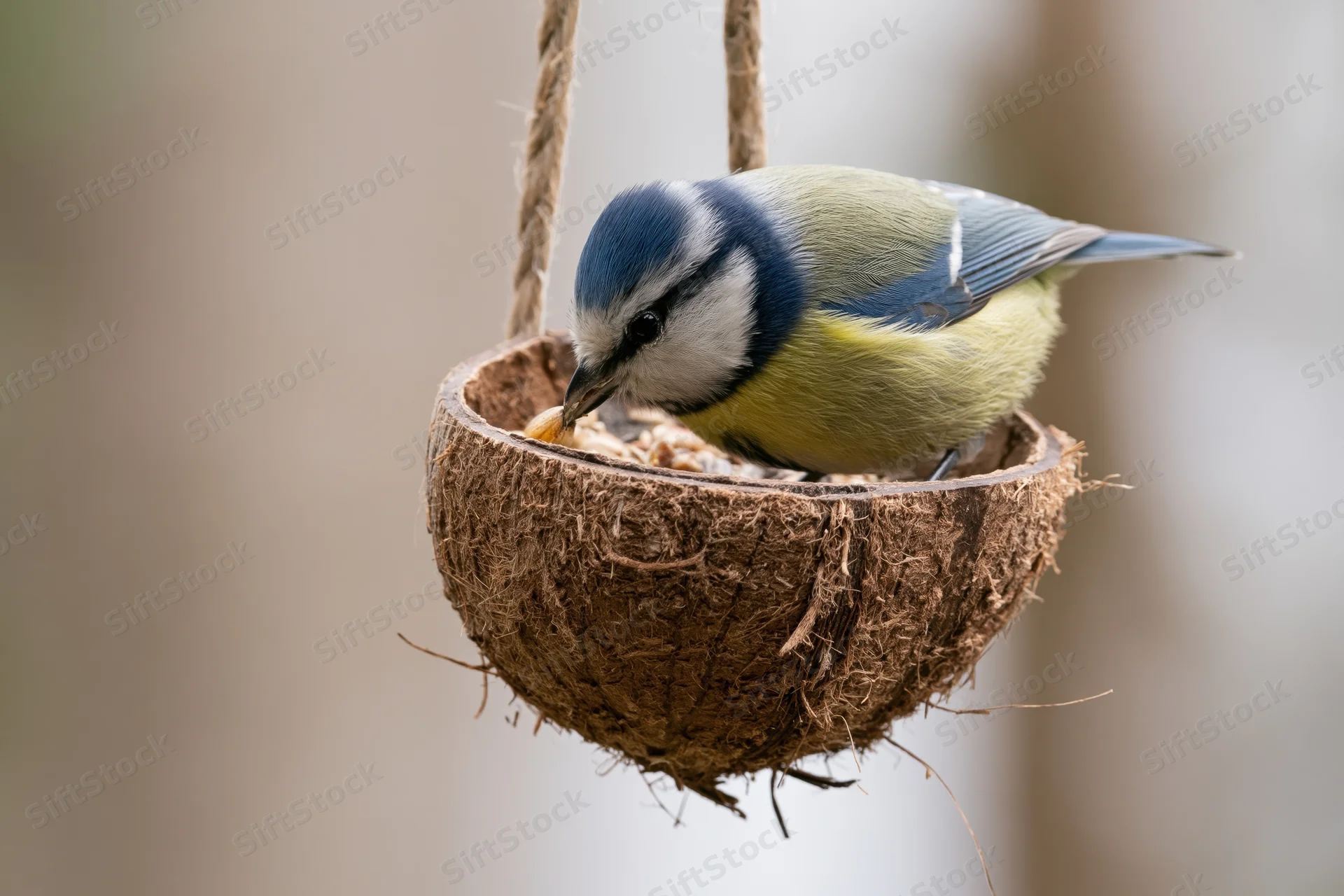 Blue tit perched on edge of halved coconut shell bird feeder eating seeds outdoors