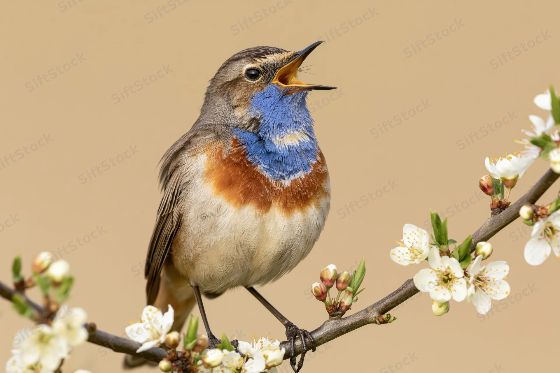 Bluethroat bird singing perched on flowering branch