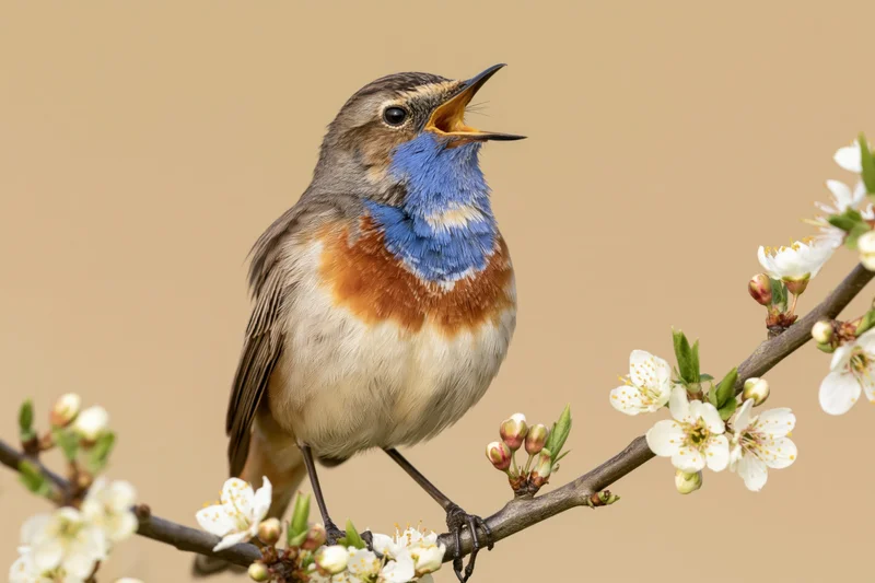 Bluethroat bird singing perched on flowering branch