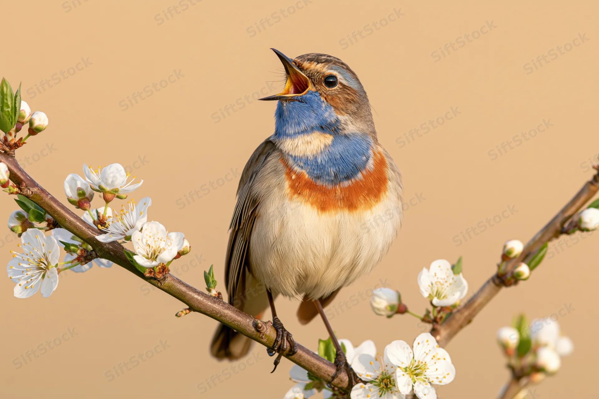 Bluethroat bird singing perched on flowering branch