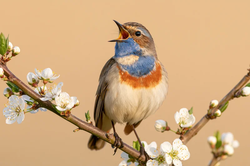 Bluethroat bird singing perched on flowering branch