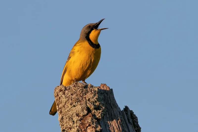 Bokmakierie songbird perched on a lichen-covered tree stump with beak open against a clear blue sky