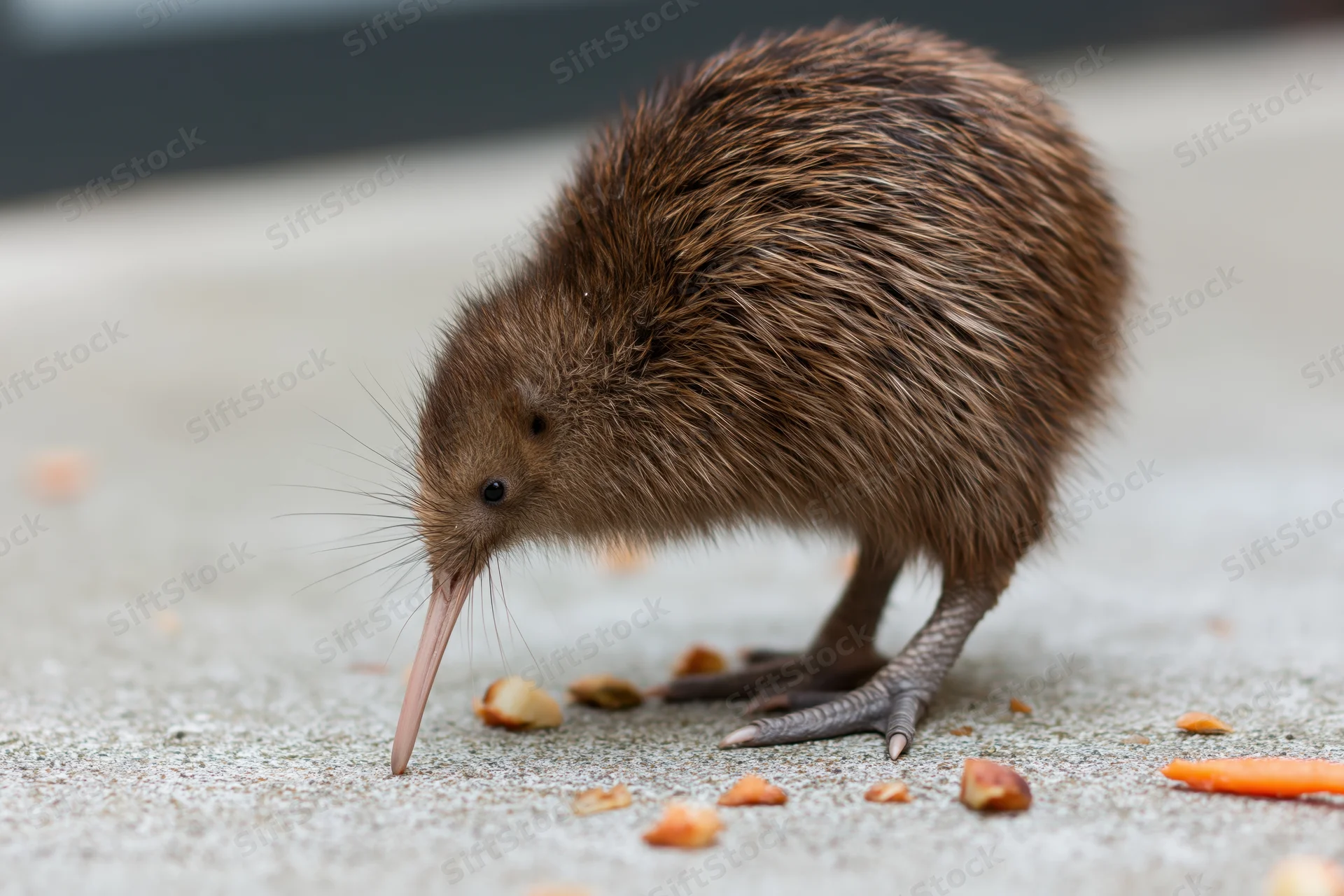 Kiwi bird pecking at food scraps on a concrete floor