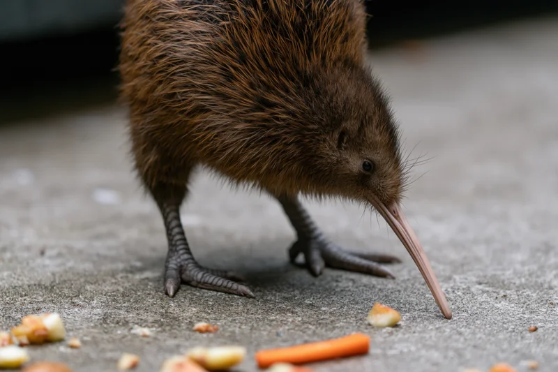 Kiwi bird pecking at food on a concrete floor