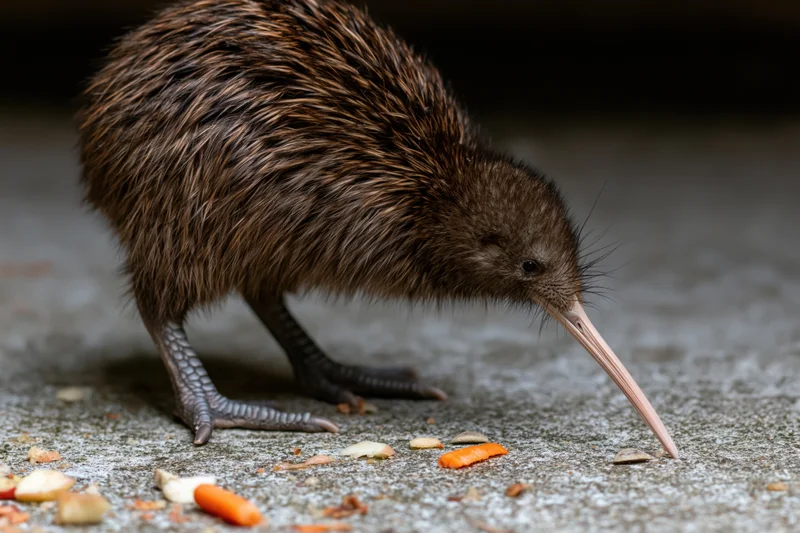 Kiwi bird pecking at food on a concrete floor