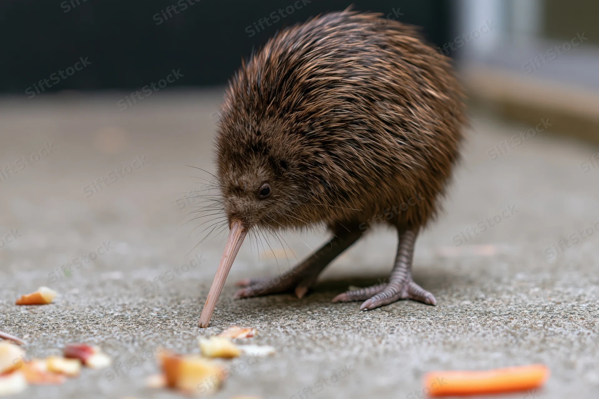 Kiwi bird pecking at food scraps on a concrete floor