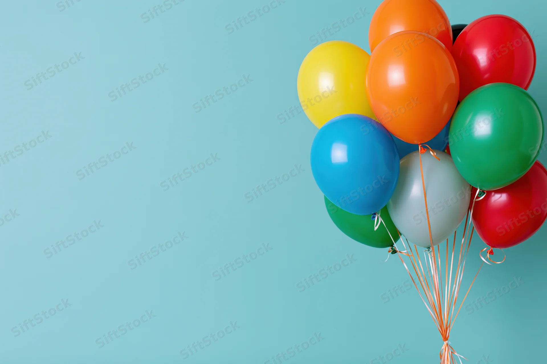 Colorful latex balloons clustered together on a teal background with copyspace on the left