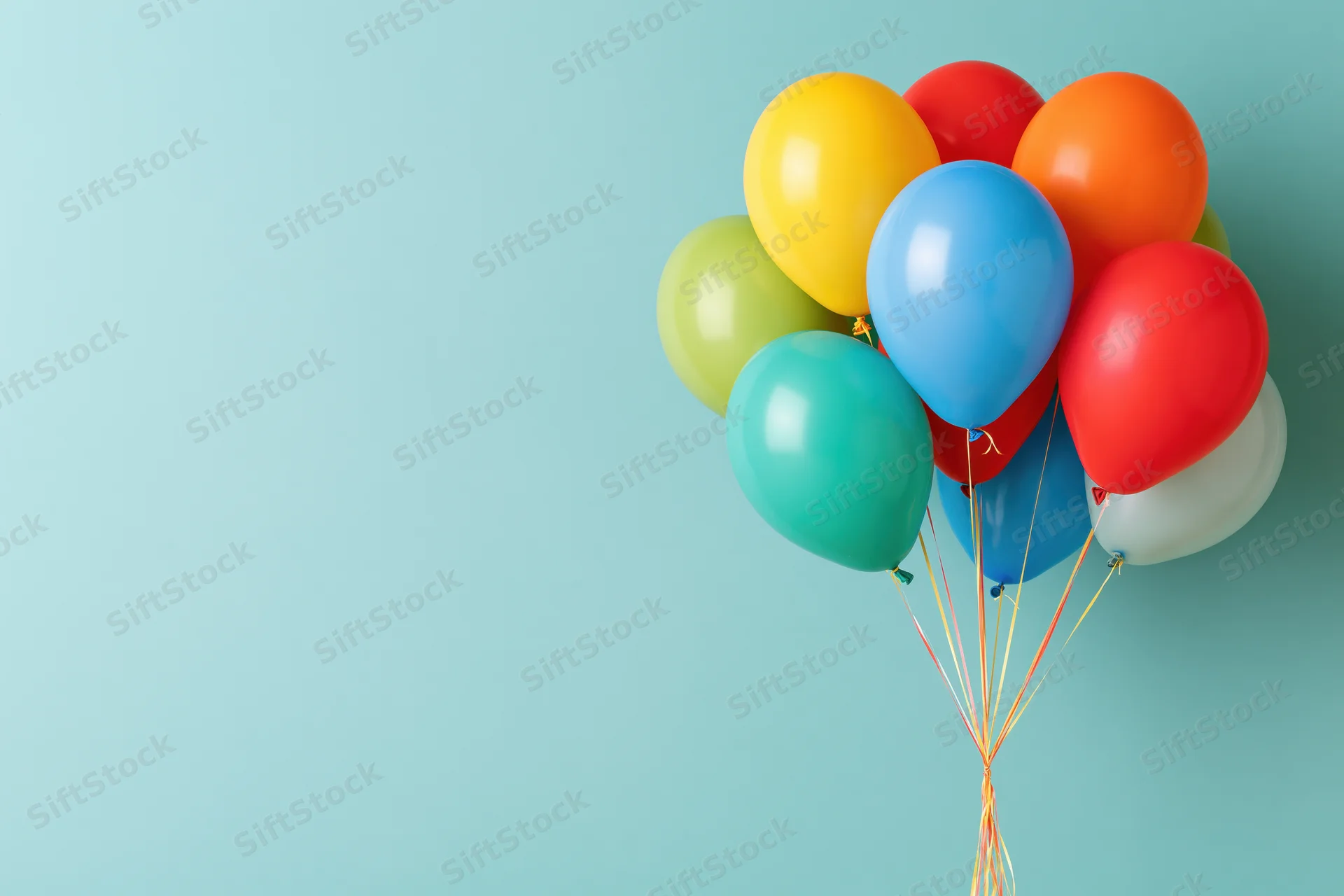 Colorful latex balloons clustered together on a light blue background with copyspace on the left