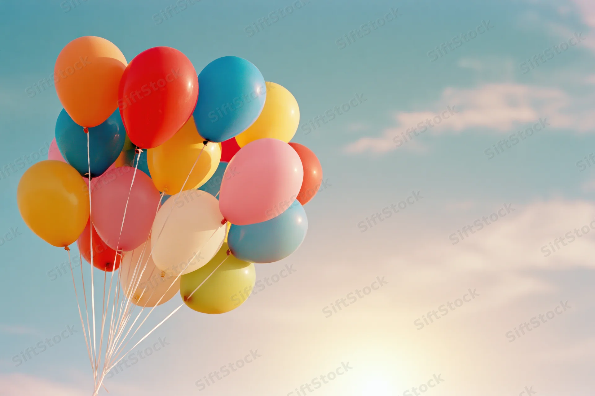 Multicolored helium balloons floating in the sky with white strings against a bright blue sky with soft clouds and copyspace on the right