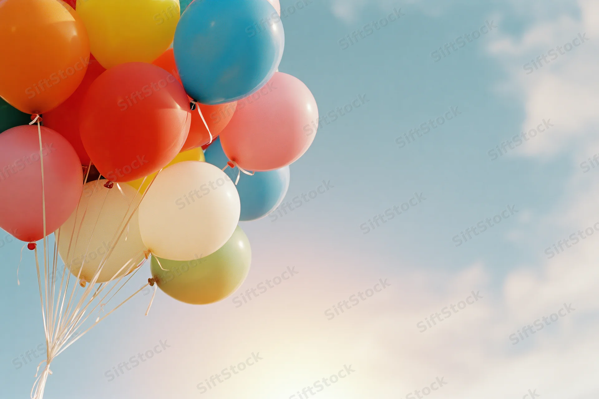 Multicolored helium balloons floating in the sky tied with white strings