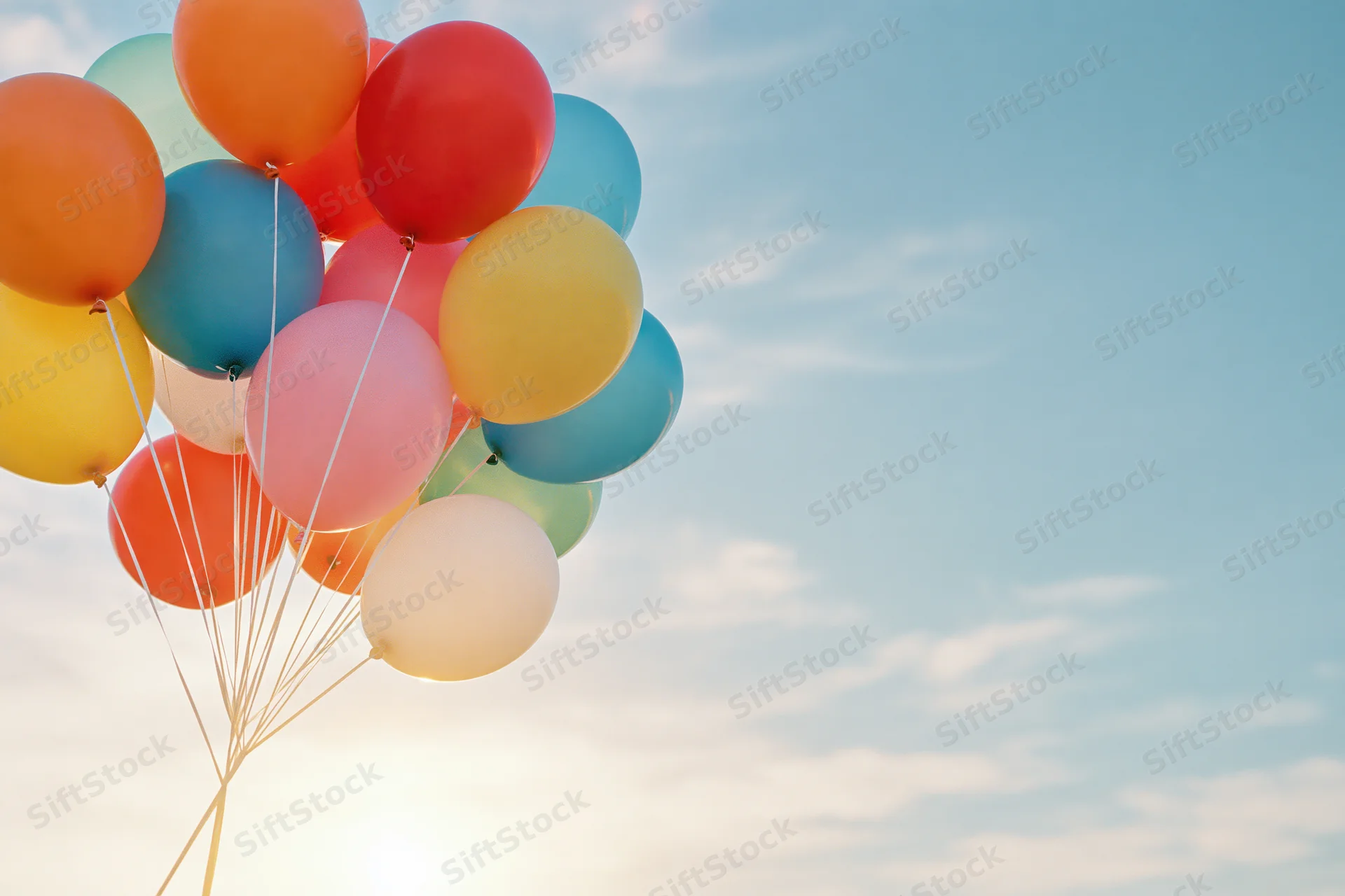 Multicolored helium balloons floating in the sky with white strings against a soft blue sky and clouds