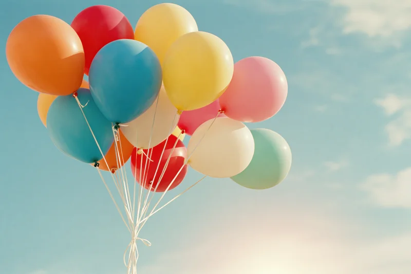 Multicolored helium balloons tied with white strings floating against a blue sky with clouds