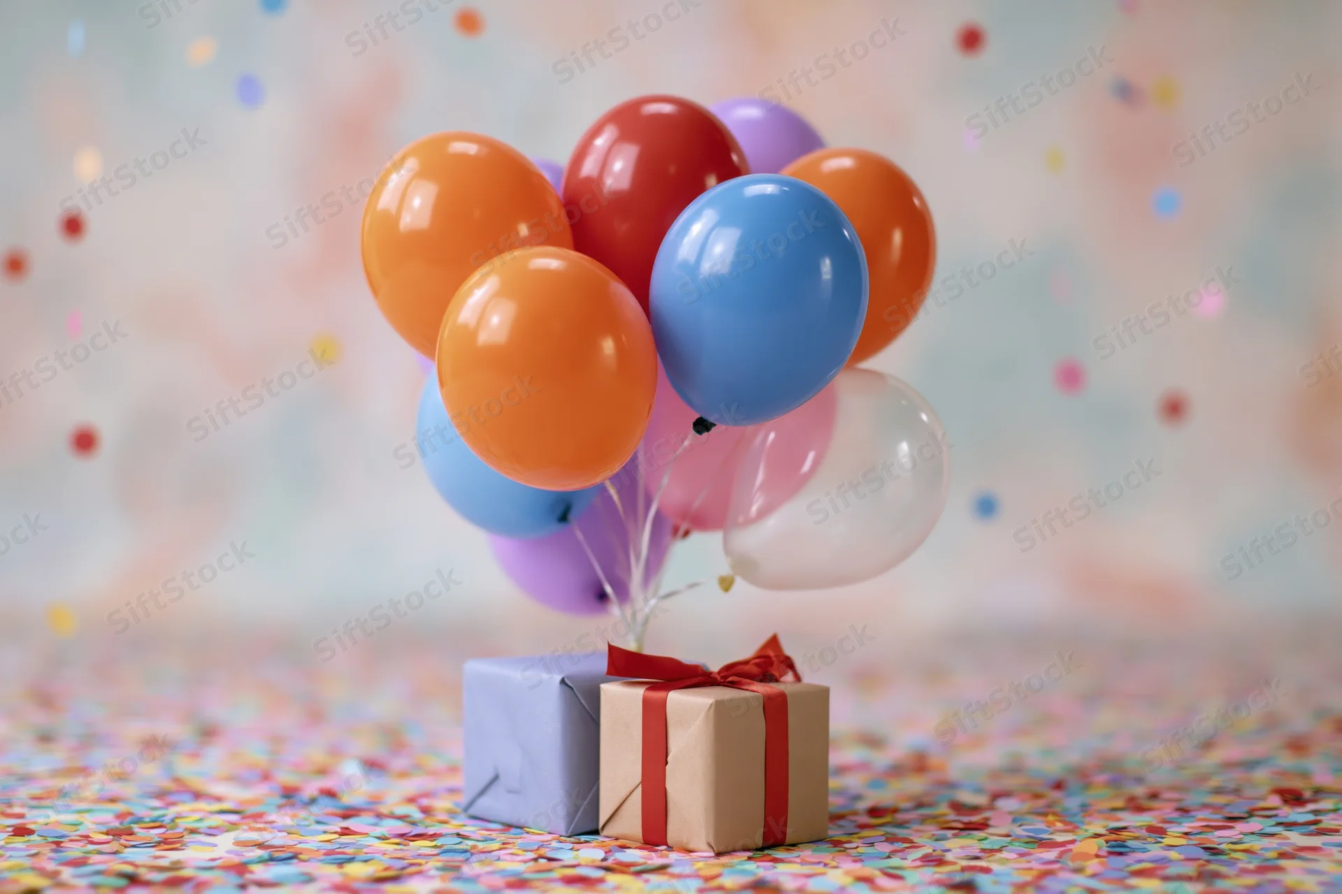 Colorful helium balloons tied to two wrapped gifts on a confetti-covered surface