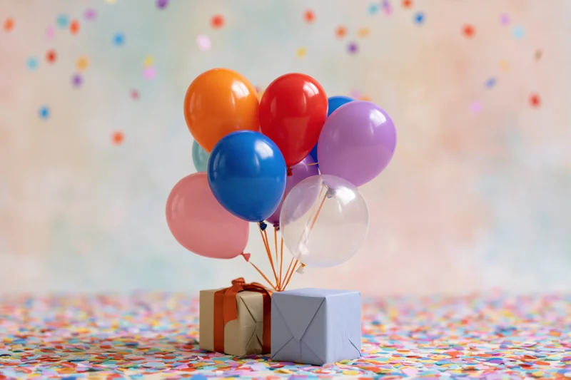 Colorful helium balloons tied to two wrapped gifts on a confetti-covered surface