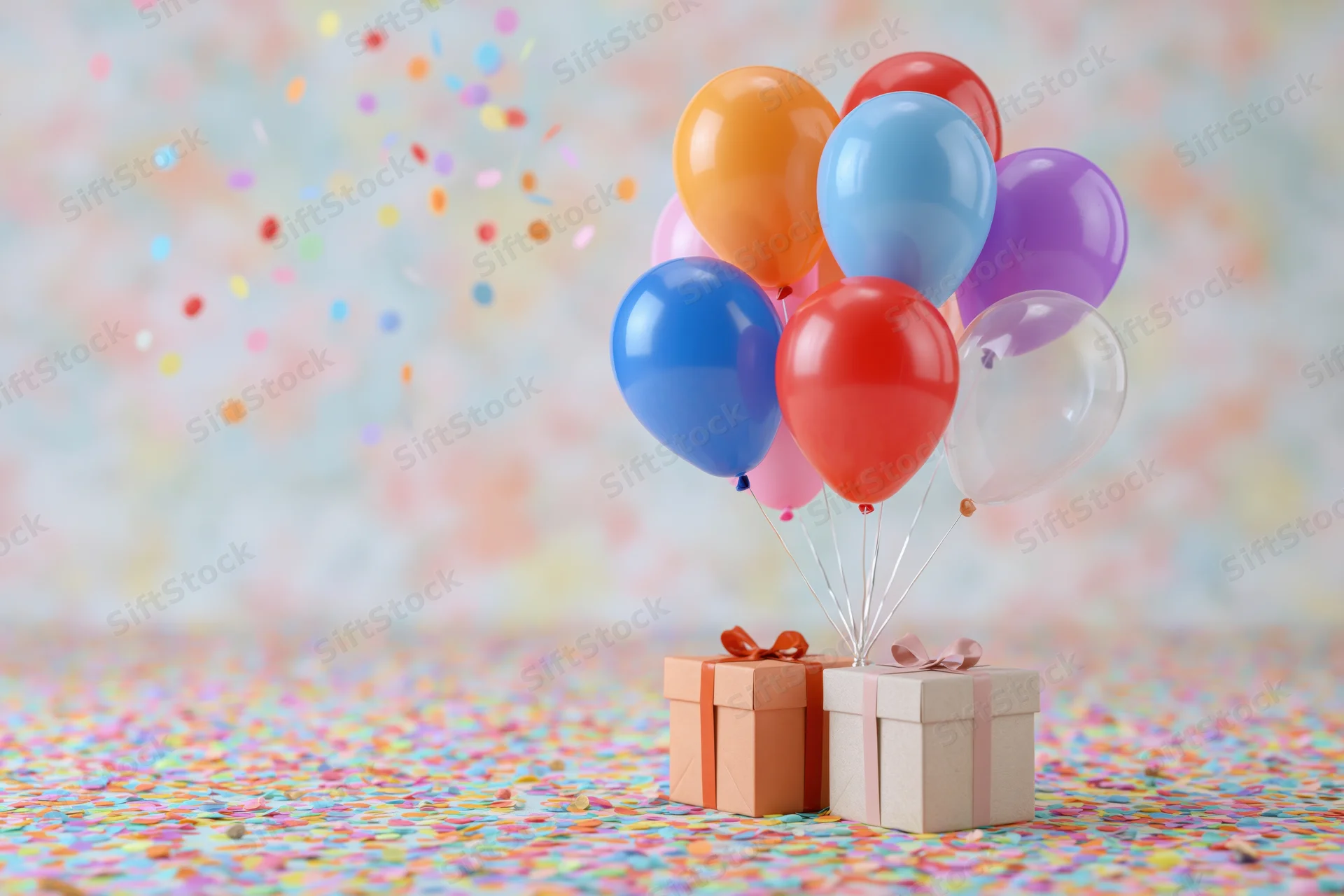 Colorful balloons tied to two gift boxes on a confetti-covered surface