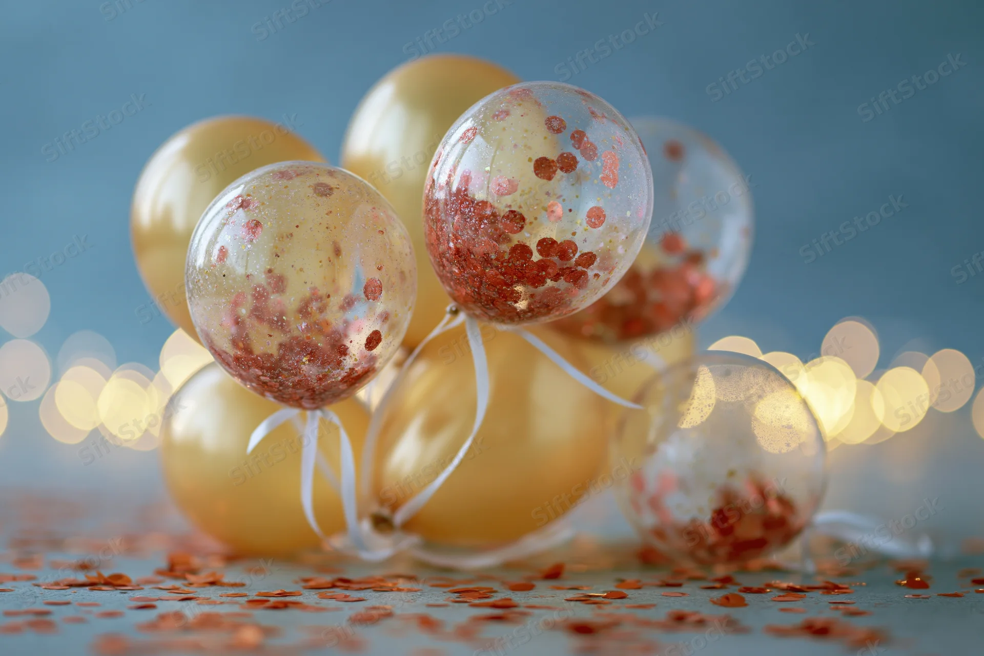 Cluster of gold and transparent red-glitter confetti balloons on a surface with bokeh lights in the background