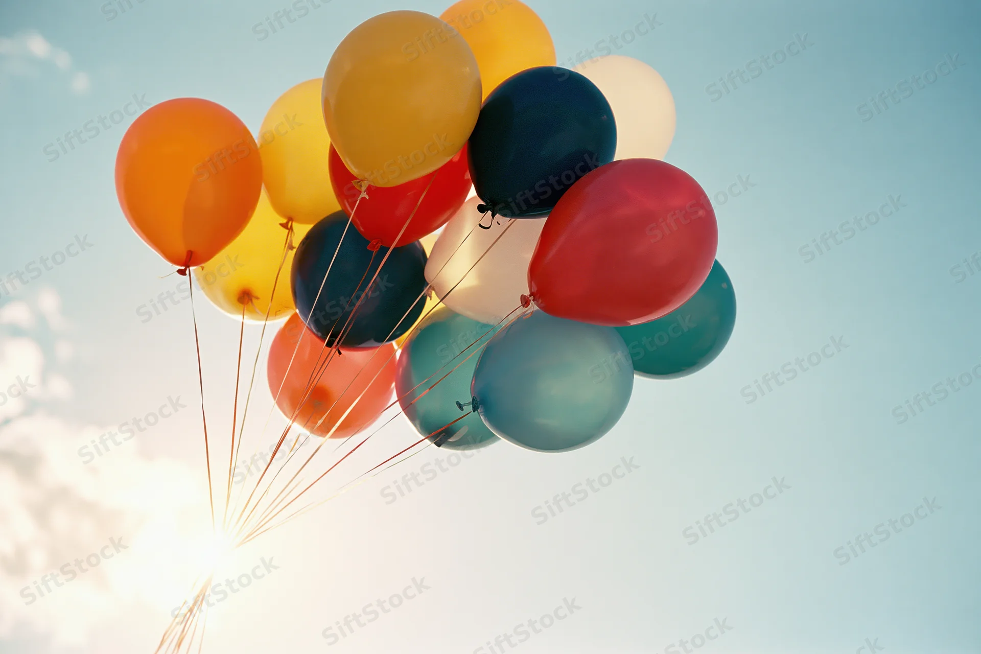 Multicolored helium balloons floating in the sky against a bright sunlit background