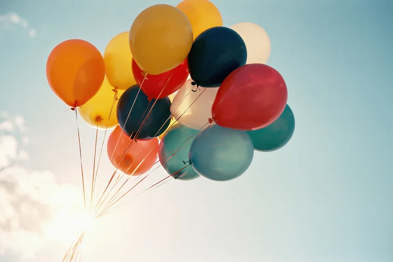Multicolored helium balloons floating in the sky against a bright sunlit background