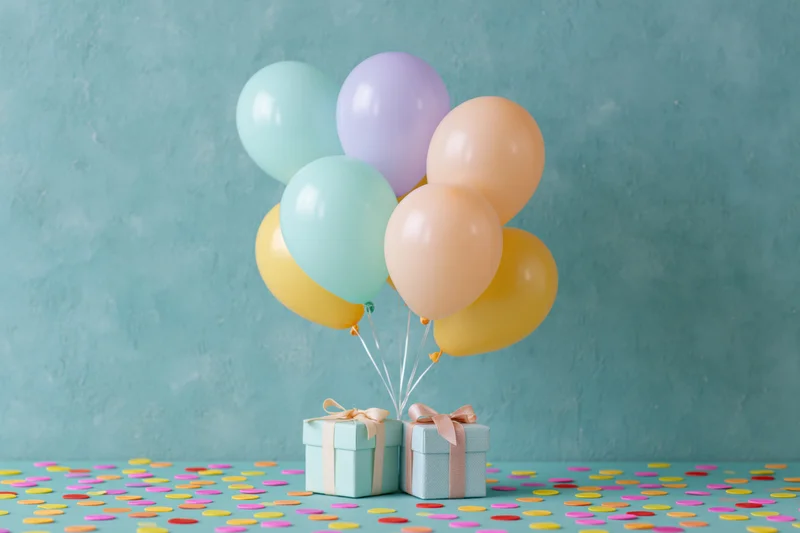 Pastel balloons tied to gift boxes on a teal surface with scattered confetti