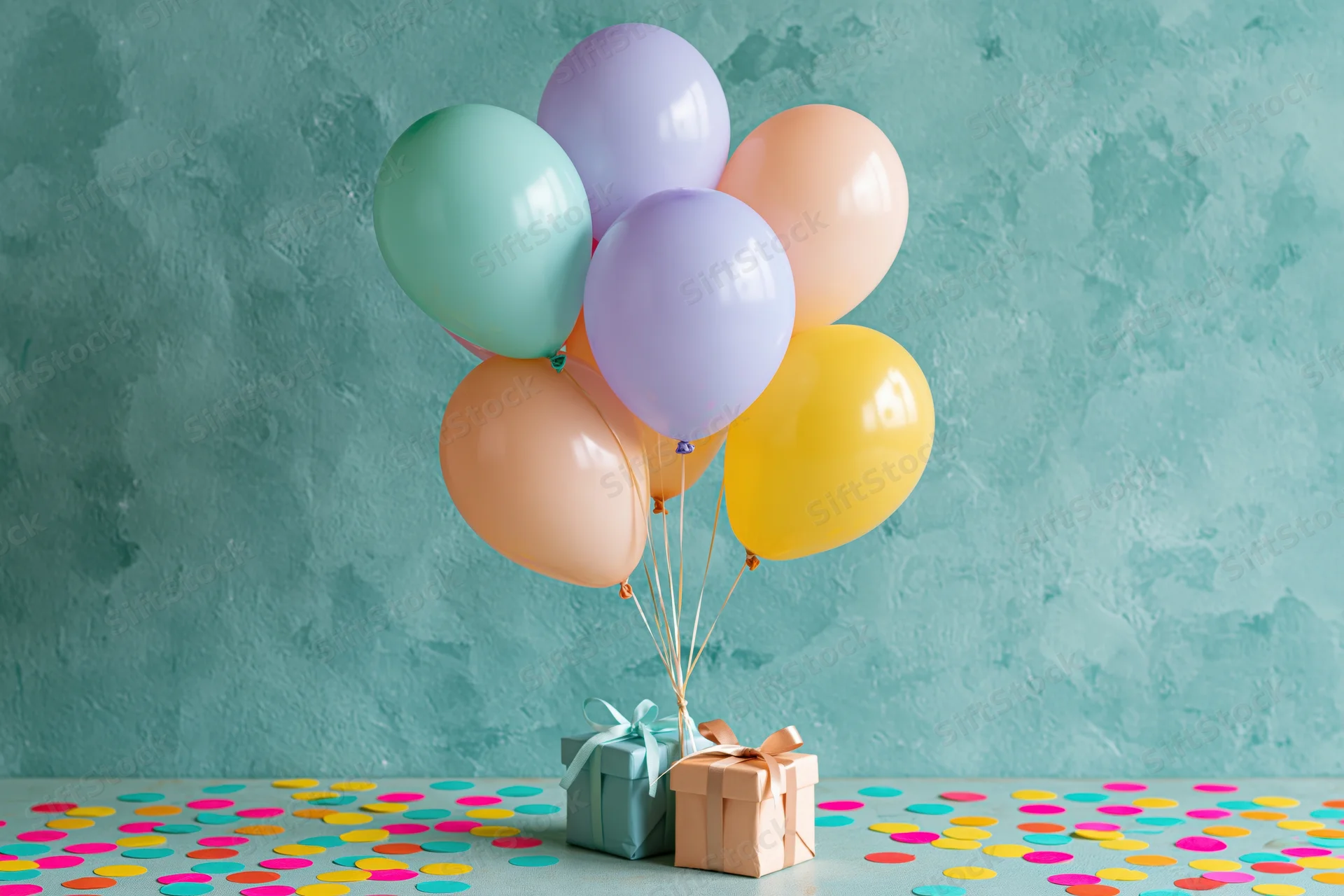 Pastel balloons tied to gift boxes on a table with confetti against a textured teal wall