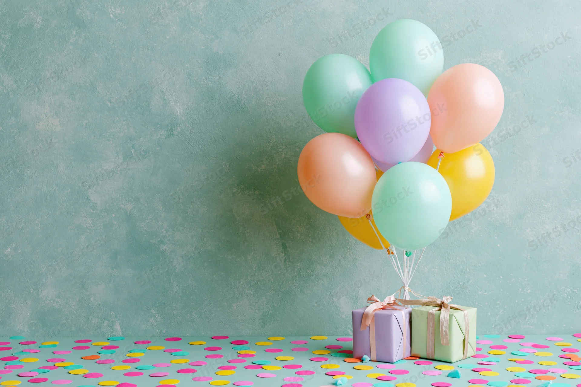 Pastel balloons tied to gift boxes on a confetti-covered surface against a textured wall