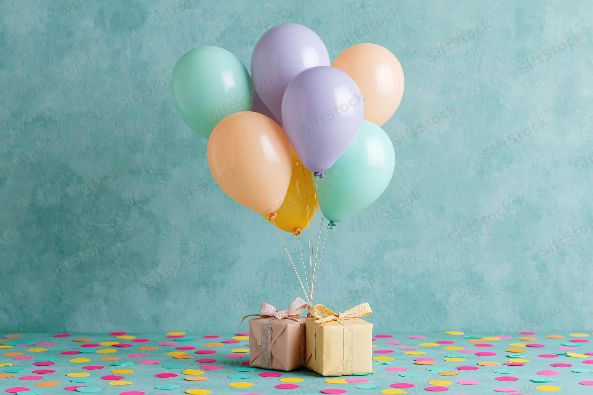 Pastel balloons tied to gift boxes on a confetti-covered teal surface