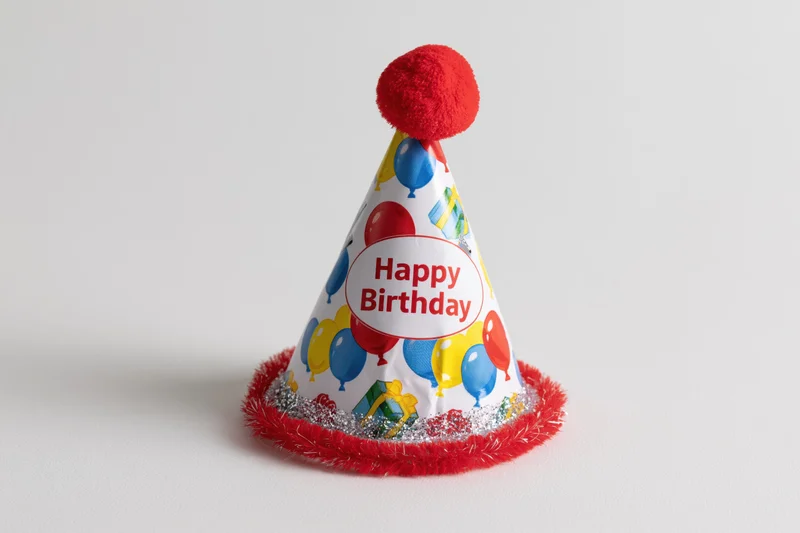 Colorful paper birthday party hat with balloons and pompon on white background