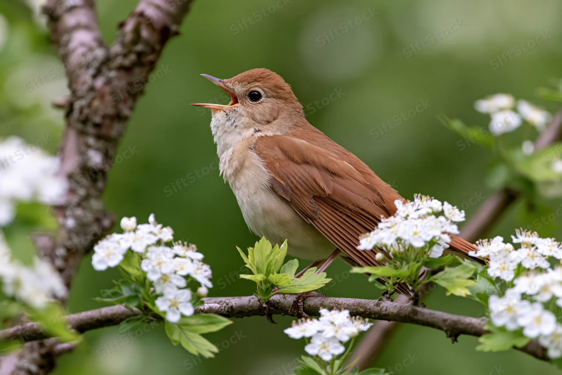 Nightingale singing perched on a hawthorn branch with white flowers