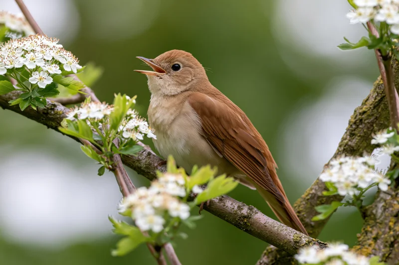 Common nightingale perched on hawthorn branch with open beak singing among white blossoms