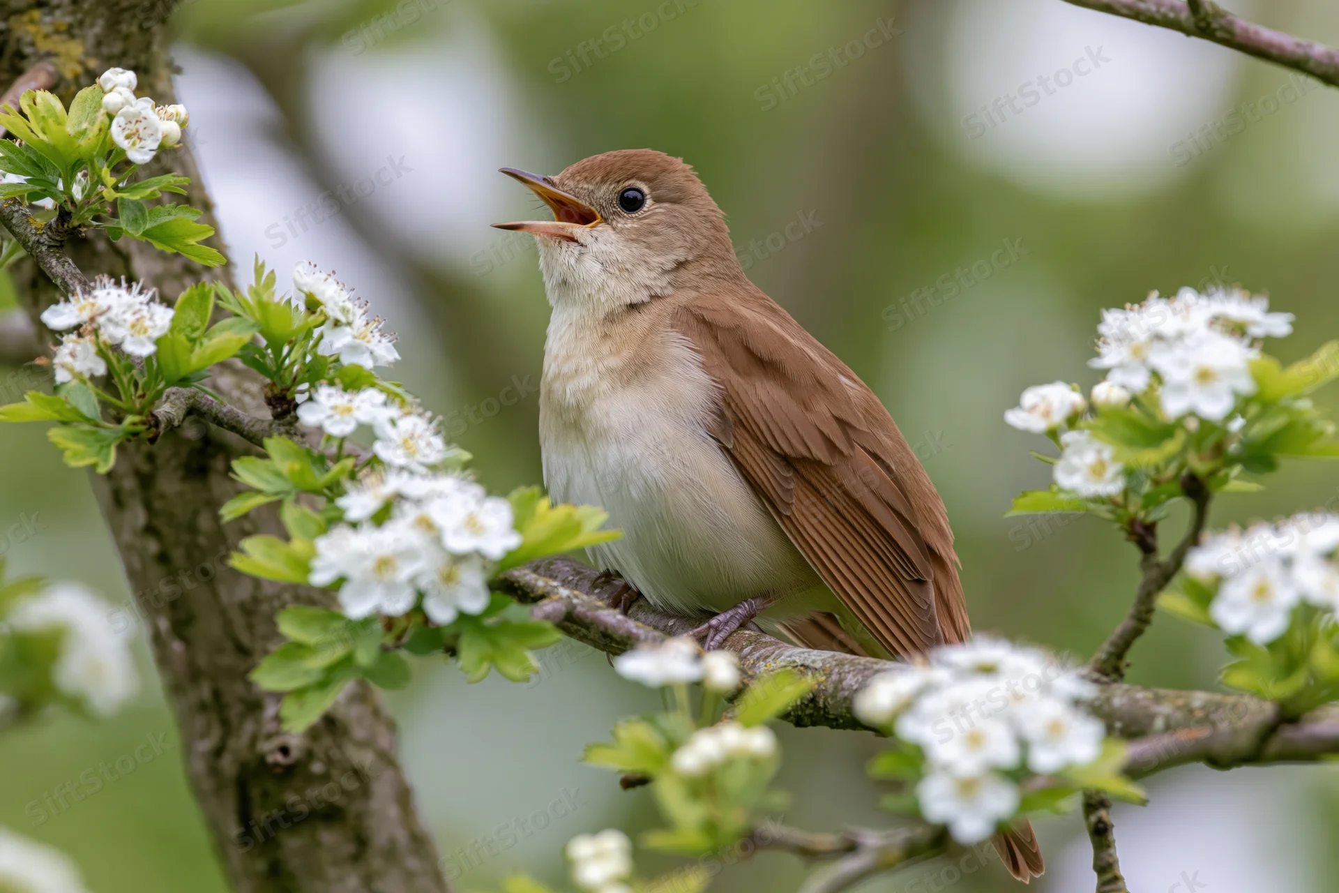 Common nightingale perched on hawthorn branch with open beak among white blossoms