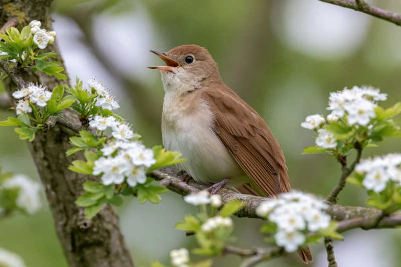 Common nightingale perched on hawthorn branch with open beak among white blossoms
