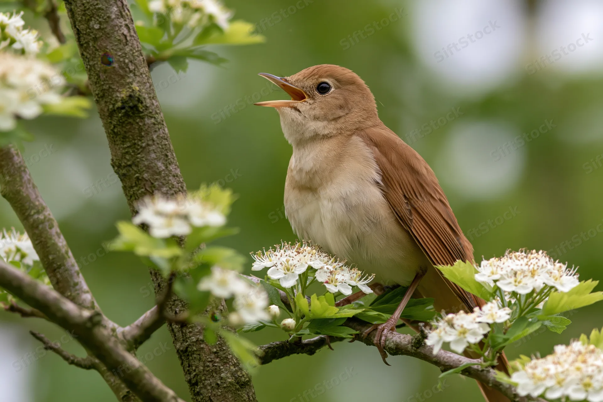 Common nightingale singing with beak open perched on hawthorn branch with white blossoms