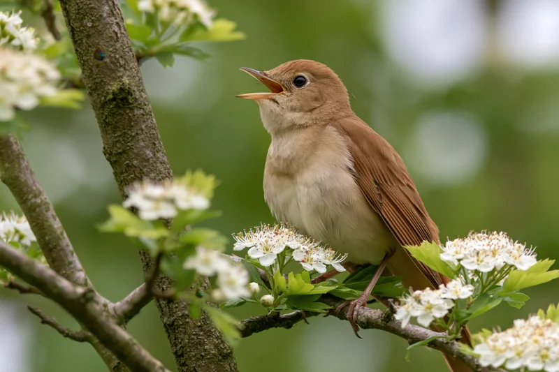 Common nightingale singing with beak open perched on hawthorn branch with white blossoms